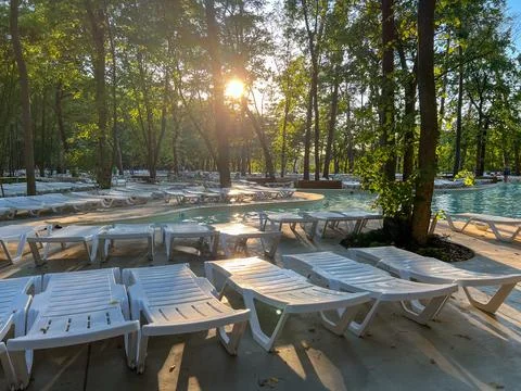 Empty white deck chairs surrounding swimming pool at sunset in a forest Stock Photos