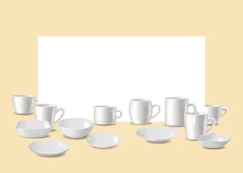 Empty white dishware, utensil for bar or restaurant vector illustration. Set of Stock Illustration