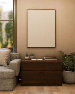 Empty white frame hanging on wall over a drawer cabinet aside sofa on woode.. Stock Illustration