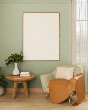 Empty white frame over leather sofa chair and side table on wooden parquet .. Ilustración de archivo