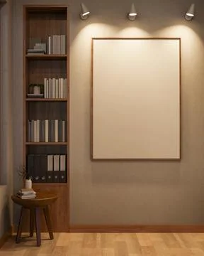 Empty white frame with spot light on wall aside wooden bookshelf and table .. Stock Illustration