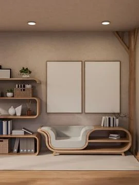 Empty white frames hanging on wall over a creative multi function table arm.. Stock Illustration