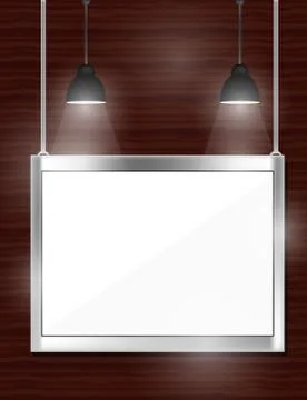 Empty white frames on wooden wall with spotlights Stock Illustration