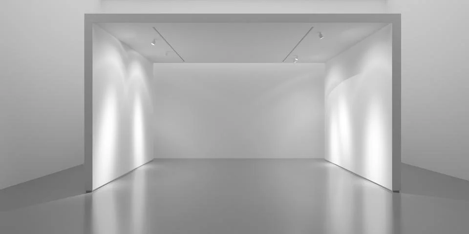 Empty white gallery background with center room in room with spotlights to .. Stock Illustration