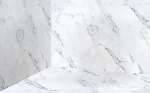 Empty white glossy marble corner studio room background,Mock up template for  Stock Photos