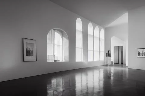 Empty white hallway interior with light coming from windows and with framed artw Illustrazione stock