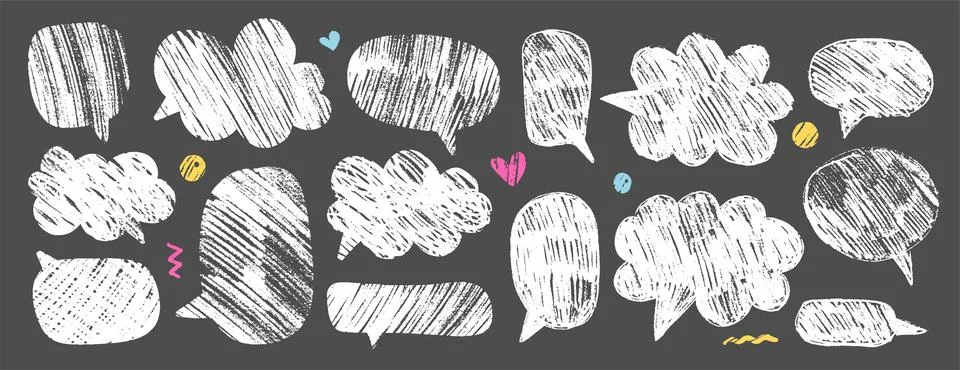 Empty white hand drawn grunge crayon, charcoal, chalk speech bubbles set in Illustrazione stock