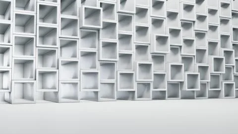 Empty white interior with cube shelves on the wall 库存插图