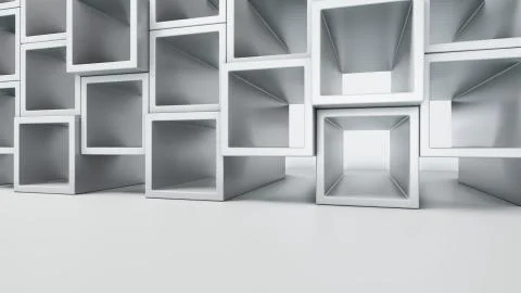 Empty white interior with cube shelves on the wall Illustrazione stock