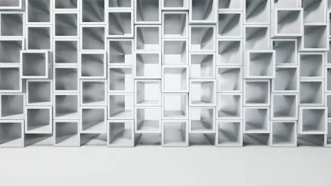 Empty white interior with cube shelves on the wall Illustrazione stock
