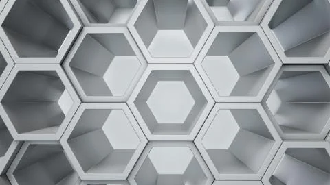 Empty white interior with hexagon shelves on the wall Illustrazione stock