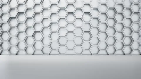 Empty white interior with hexagon shelves on the wall Illustrazione stock