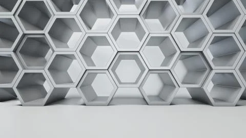 Empty white interior with hexagon shelves on the wall Illustrazione stock