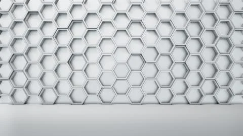Empty white interior with hexagon shelves on the wall イラスト素材