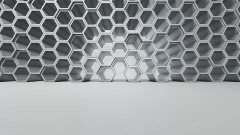 Empty white interior with hexagon shelves on the wall Illustrazione stock