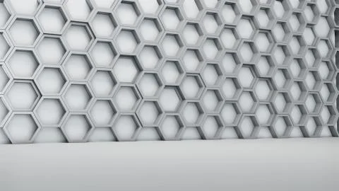 Empty white interior with hexagon shelves on the wall Illustrazione stock