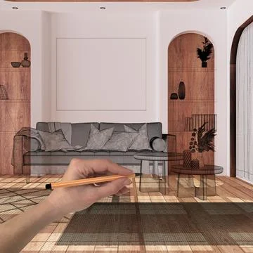 Empty white interior with parquet and white walls, hand drawing custom arch.. Illustrazione stock