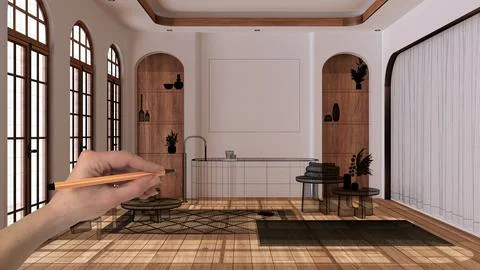 Empty white interior with parquet and white walls, hand drawing custom arch.. Stock Illustration