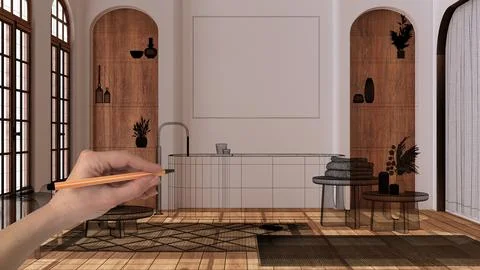 Empty white interior with parquet and white walls, hand drawing custom arch.. Illustrazione stock