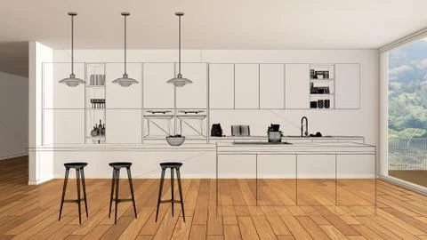 Empty white interior with parquet floor and big panoramic window, custom arch Stock Illustration