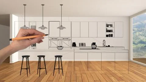 Empty white interior with parquet floor and big panoramic window, hand drawin Illustrazione stock