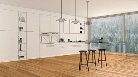 Empty white interior with parquet floor and big panoramic window, custom arch Stock Illustration