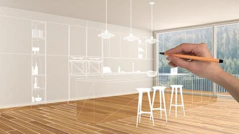 Empty white interior with parquet floor and big panoramic window, hand drawin Stock Illustration