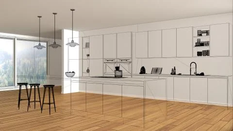 Empty white interior with parquet floor and big panoramic window, custom arch Illustrazione stock