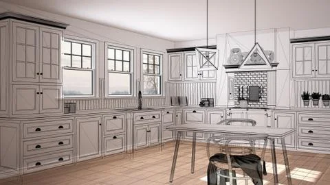 Empty white interior with parquet floor and big panoramic window, custom arch Illustrazione stock