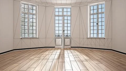 Empty white interior with parquet floor and big panoramic windows, custom arc Stock Illustration