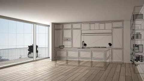 Empty white interior with parquet floor and big panoramic window, custom arch Stock Illustration