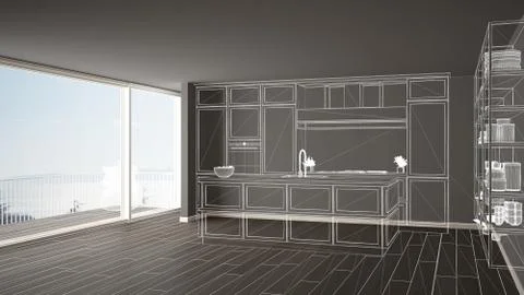 Empty white interior with parquet floor and big panoramic window, custom arch Stock Illustration