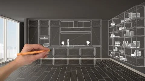 Empty white interior with parquet floor and big panoramic window, hand drawin Illustrazione stock