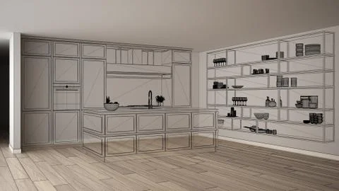 Empty white interior with parquet floor, custom architecture design project,  Illustrazione stock