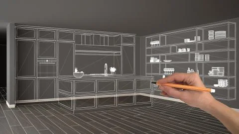 Empty white interior with parquet floor and big panoramic window, hand drawin Stock Illustration