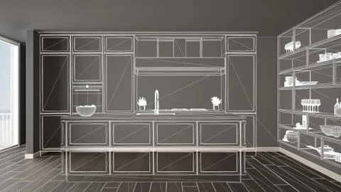 Empty white interior with parquet floor, custom architecture design project,  Illustrazione stock