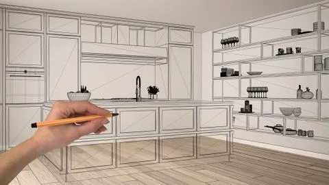 Empty white interior with parquet floor, hand drawing custom architecture des Illustrazione stock