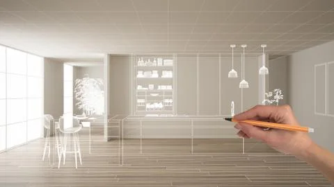Empty white interior with parquet floor and white walls, hand drawing custom  Illustrazione stock