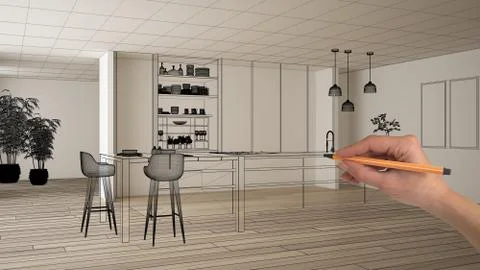 Empty white interior with parquet floor and white walls, hand drawing custom  Illustrazione stock