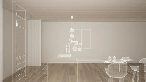 Empty white interior with parquet floor and white walls, custom architecture  Stock Illustration