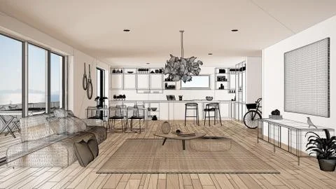 Empty white interior with parquet floor and big panoramic window, custom arch Stock Illustration