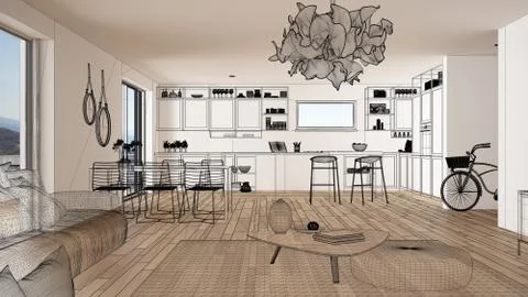 Empty white interior with parquet floor and big panoramic window, custom arch Stock Illustration
