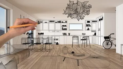 Empty white interior with parquet floor and big panoramic window, hand drawin Stock Illustration