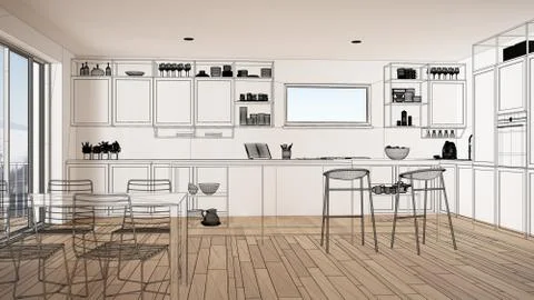 Empty white interior with parquet floor and big panoramic window, custom arch Stock Illustration