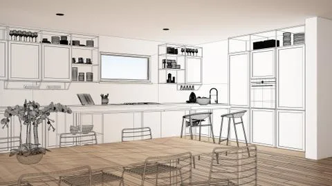 Empty white interior with parquet floor and big panoramic window, custom arch Stock Illustration