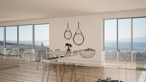 Empty white interior with parquet floor and big panoramic window, custom arch Illustrazione stock