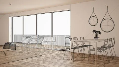 Empty white interior with parquet floor and big panoramic window, custom arch Stock Illustration