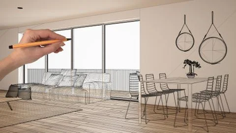 Empty white interior with parquet floor and big panoramic window, hand drawin Stock Illustration