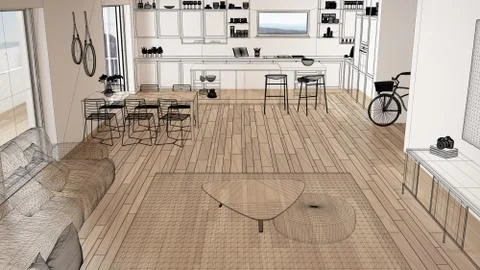 Empty white interior with parquet floor and big panoramic window, custom arch Stock Illustration