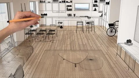 Empty white interior with parquet floor and big panoramic window, hand drawin Illustrazione stock